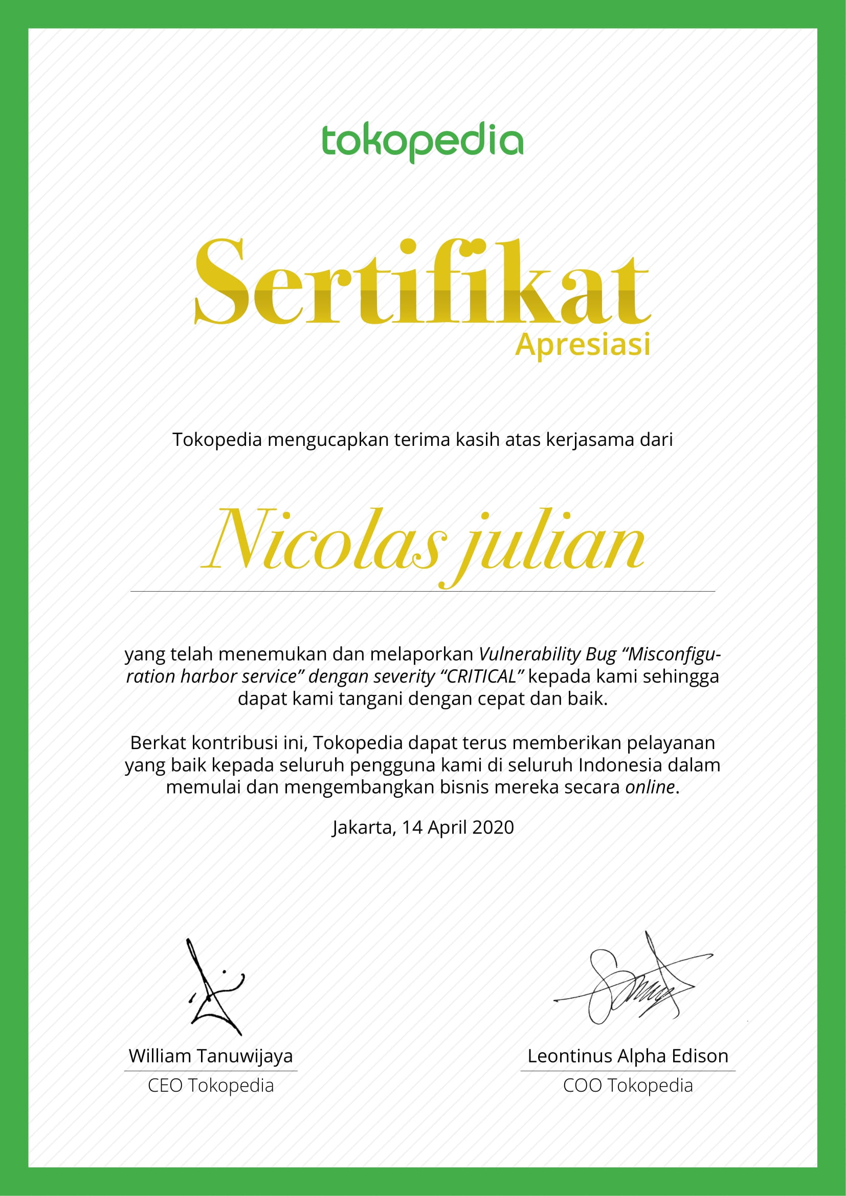 Tokopedia Bug Bounty - Nicolas Julian